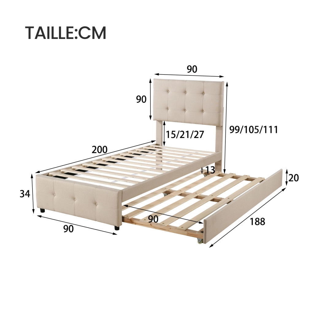 Letto imbottito singolo 90×200 cm estraibile con testiera regolabile; rete; senza materasso; lino; beige