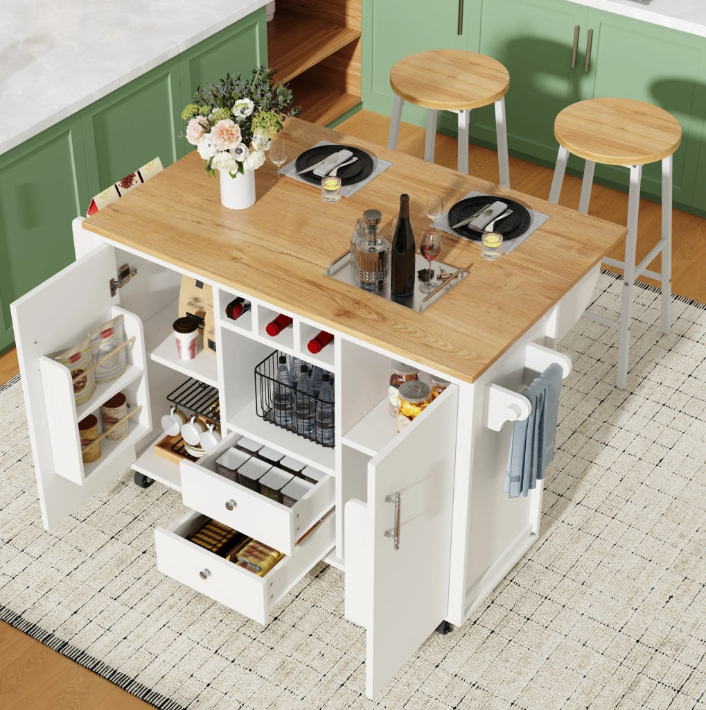 Isola cucina mobile bianca con piano ribaltabile e 2 sgabelli