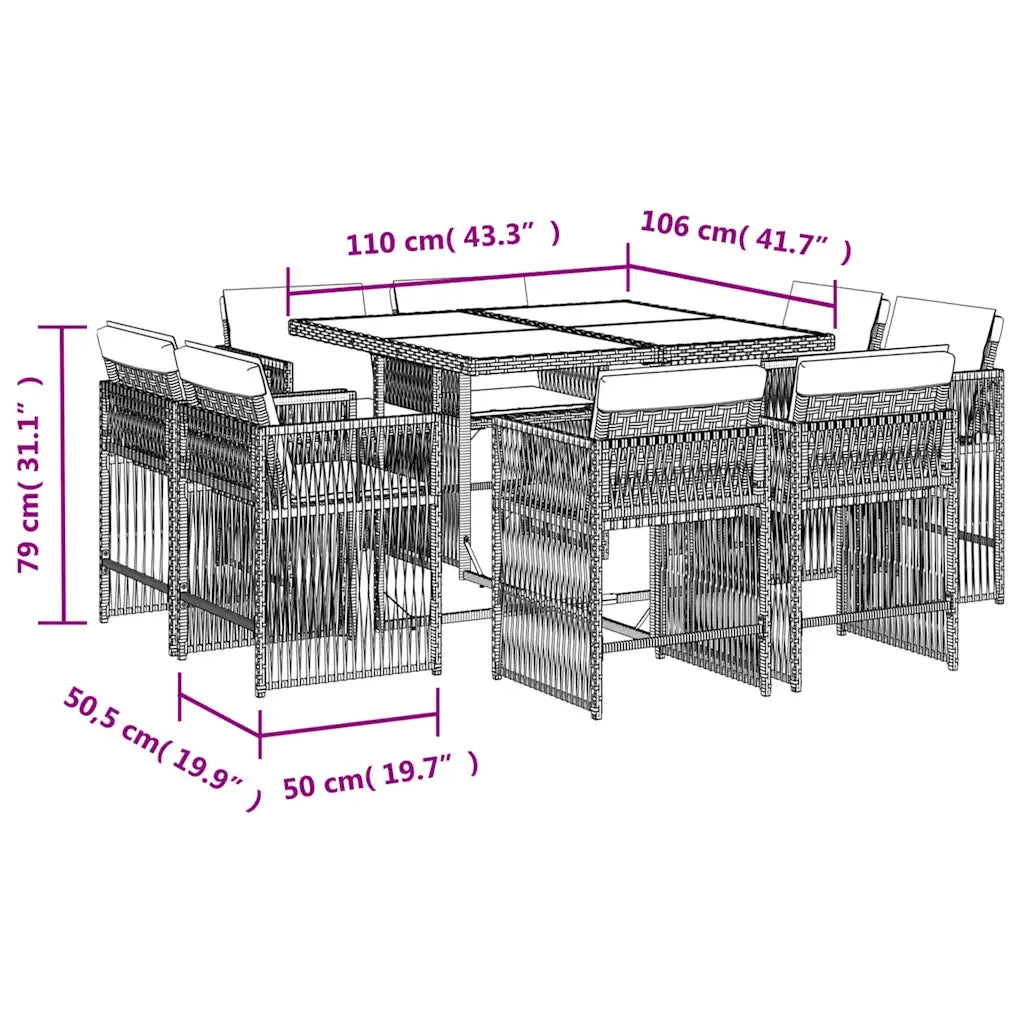 Set da Pranzo da Giardino 9 pz con Cuscini Beige in Polyrattan