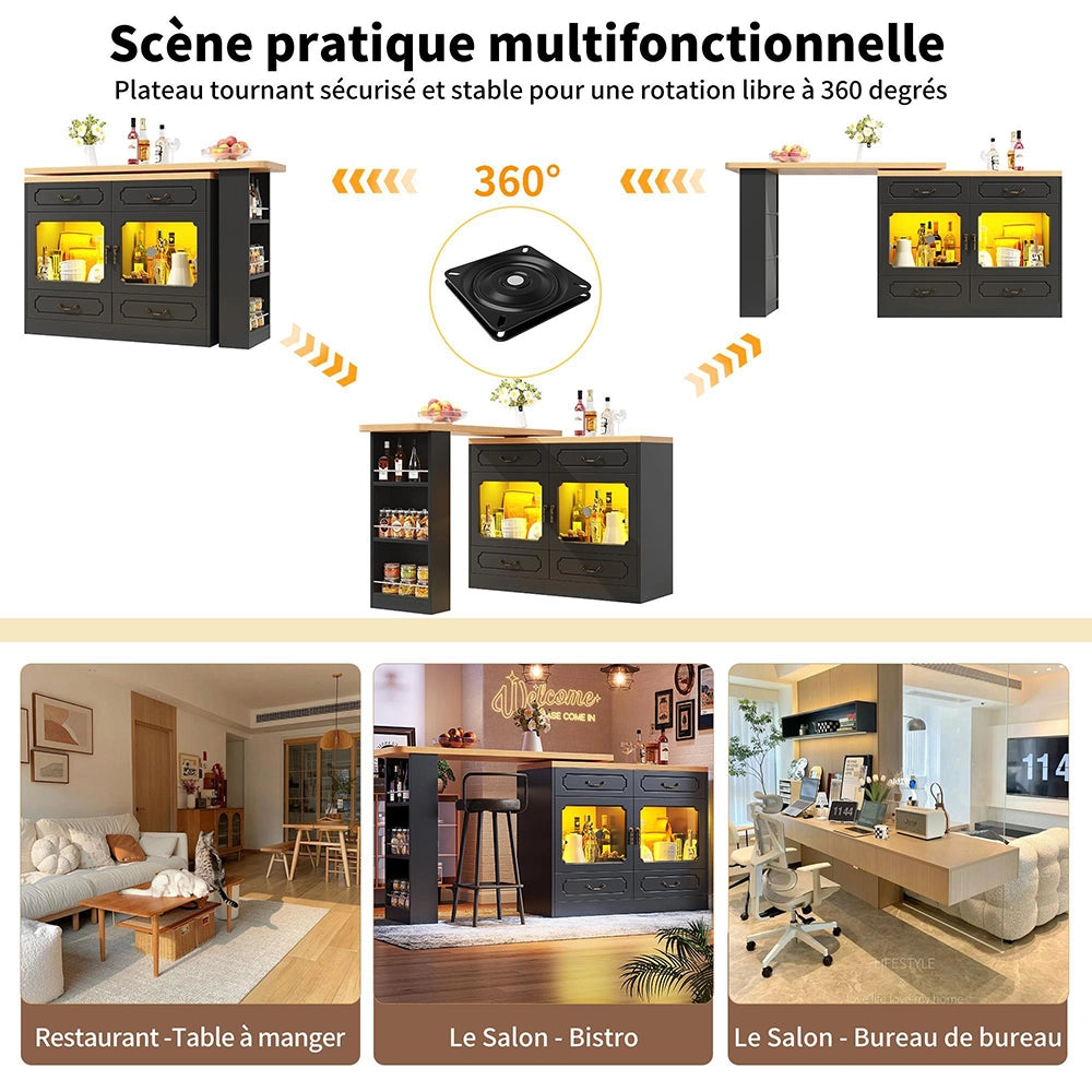 Tavolo bar estensibile - Xylo - rotante 360° con LED nero 135-203x39x92.8cm