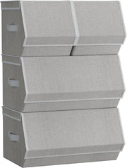 SONGMICS Set di 4 Scatole con Coperchio, Organizzatori Impilabili per Armadi, Contenitori con Chiusura Magnetica, Scatole in Tessuto, Struttura in Metallo, per Libri Vestiti, Grigio Tortora RLB022W01