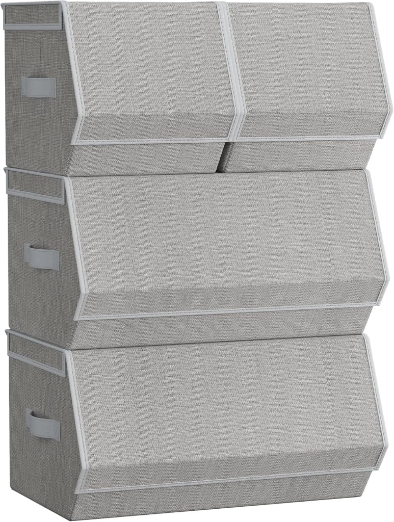 SONGMICS Set di 4 Scatole con Coperchio, Organizzatori Impilabili per Armadi, Contenitori con Chiusura Magnetica, Scatole in Tessuto, Struttura in Metallo, per Libri Vestiti, Grigio Tortora RLB022W01