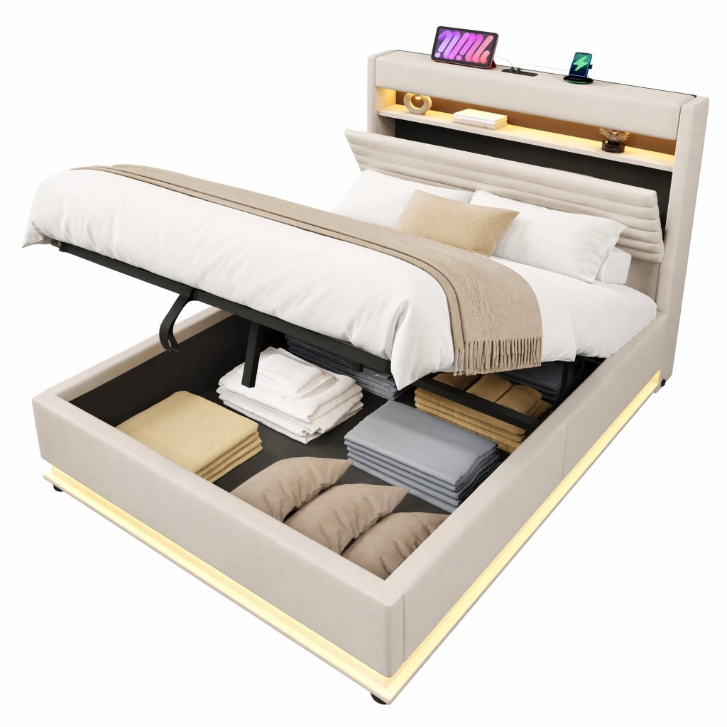 Letto matrimoniale contenitore 140x200 cm con LED; USB e USB-C in lino beige
