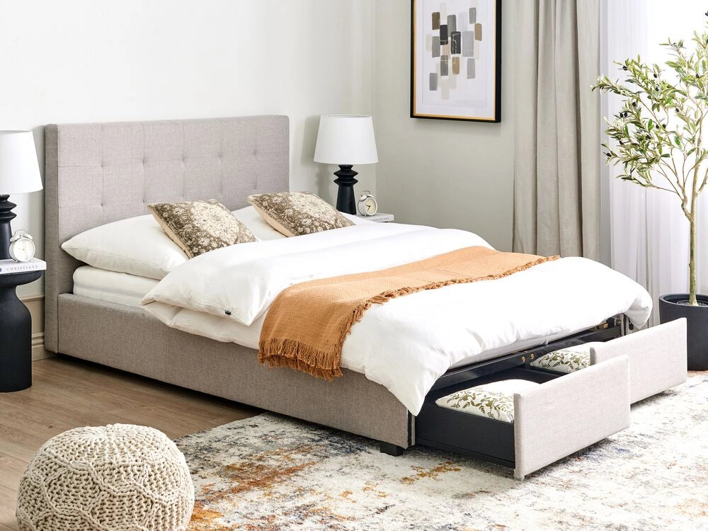 Letto contenitore matrimoniale imbottito grigio chiaro con rete a doghe e cassetti 140 x 200 cm