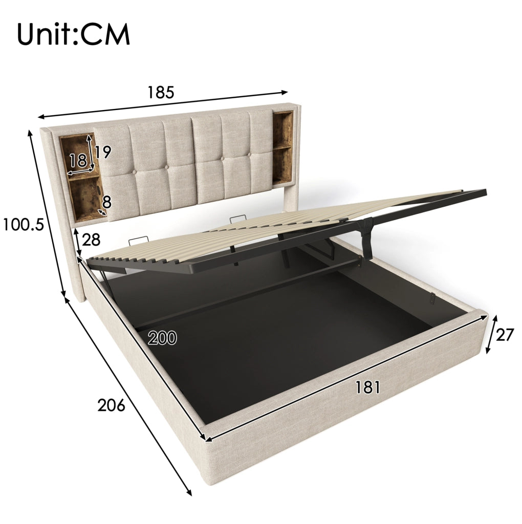 Letto matrimoniale imbottito 180x200 cm in lino naturale con ricarica wireless; USB e contenitore