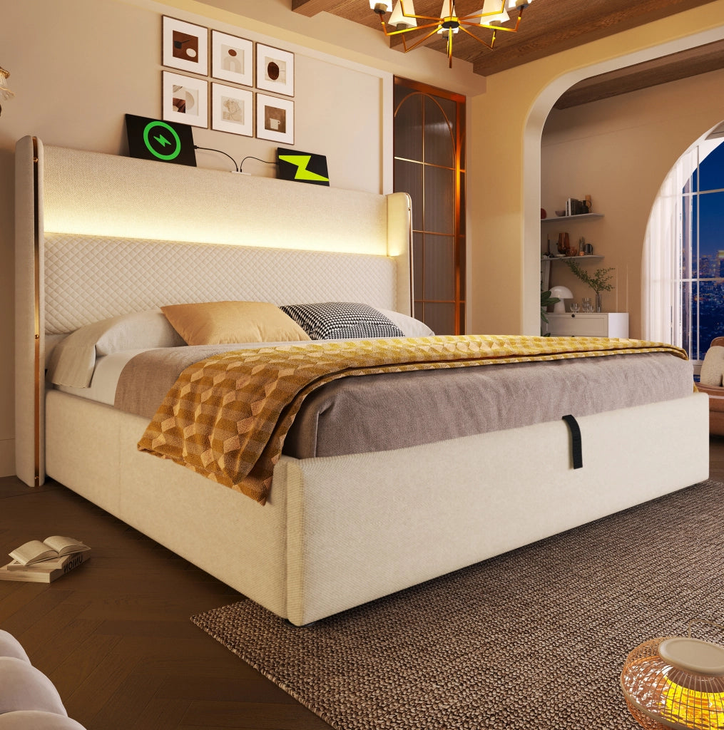 Letto matrimoniale 160x200 cm con testiera alta; contenitore idraulico; LED; USB e Type-C; beige in lino