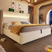 Letto matrimoniale 160x200 cm con testiera alta; contenitore idraulico; LED; USB e Type-C; beige in lino