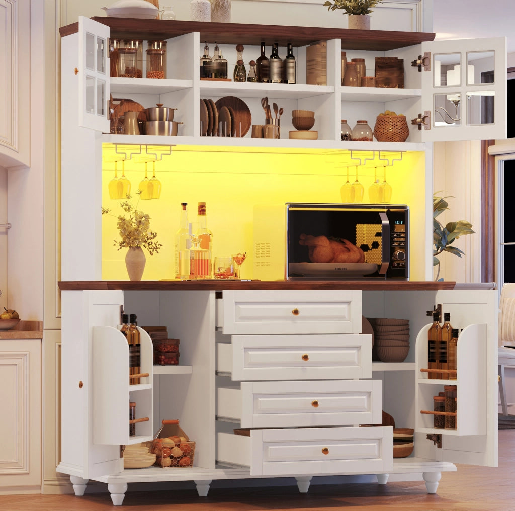 Credenza alta bianca con LED RGB, 4 cassetti e portabicchieri