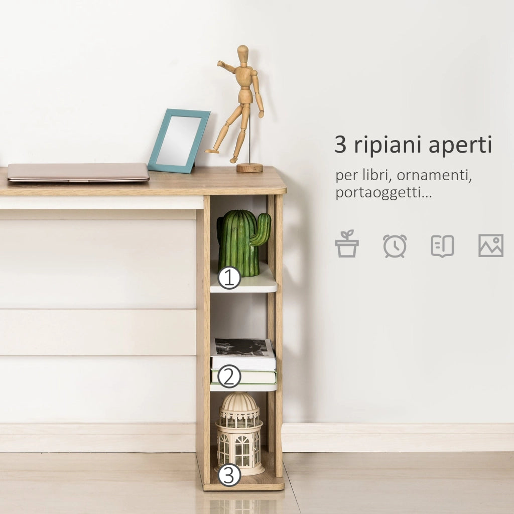 Scrivania Moderna in Legno con Scaffale a 3 Ripiani 100x44x74 cm in Truciolato Bianco e Quercia