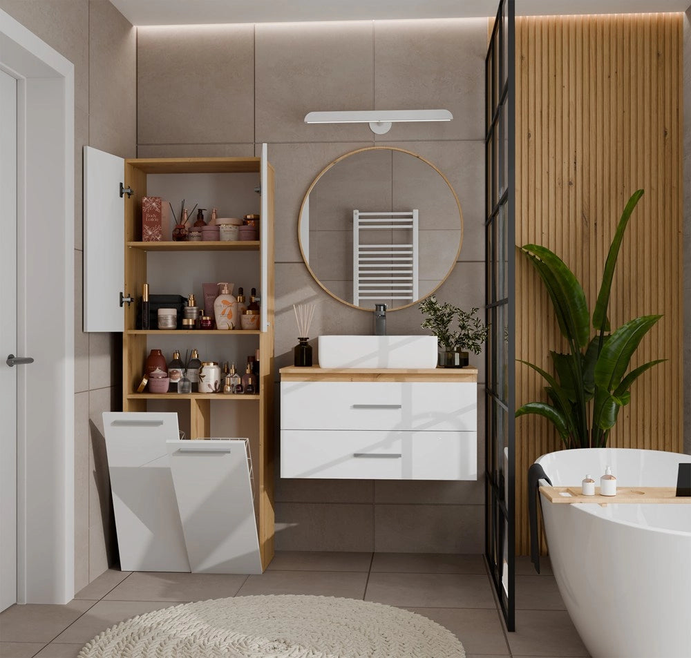 Mobile bagno NEL 2k DK scaffale colonna 2 kosze per bucato bianco rovere artisan