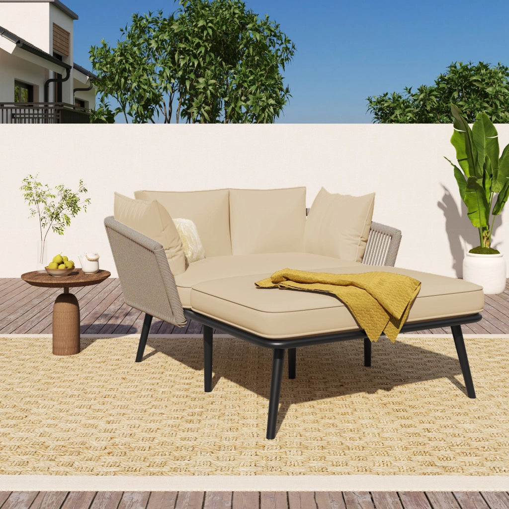 OKWISH Chaise Longue da Esterno con Cuscini Sfoderabili Lavabili, Corda Intrecciata e Acciaio, Poliestere Cachi