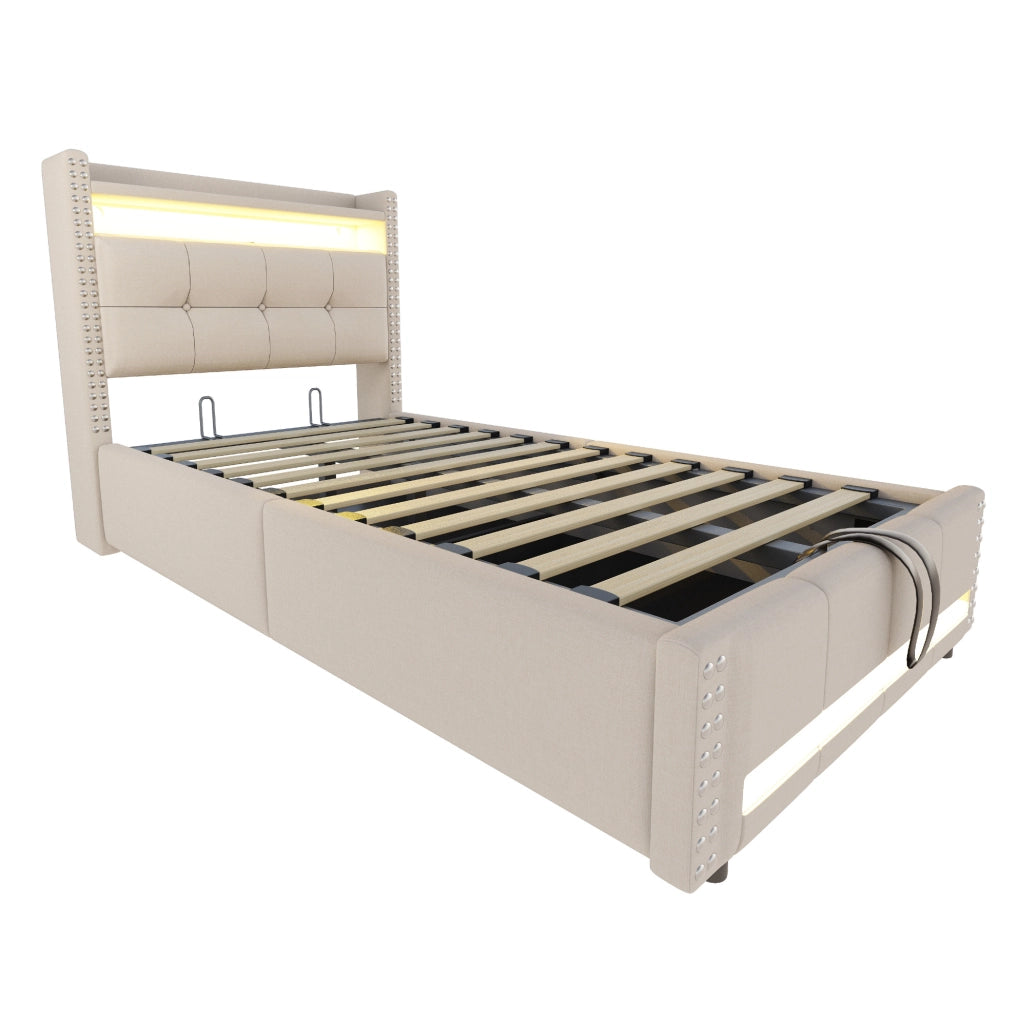 Letto imbottito 90x200 cm con LED; contenitore e porta USB in lino beige