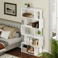 Libreria Asimmetrica a S a 5 Livelli con 10 Ripiani Aperti, in Legno, 80x24x159 cm, Bianco
