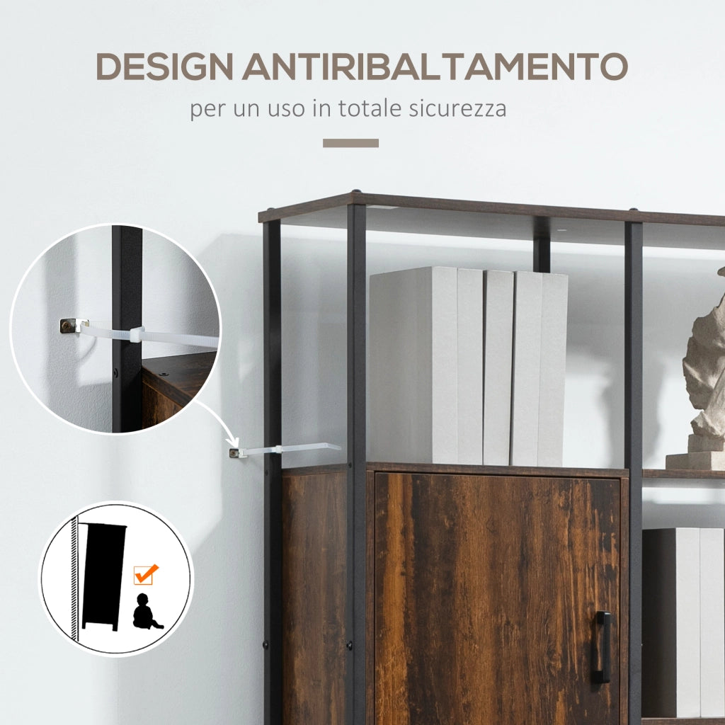 Libreria Stile Industriale con 4 Ripiani e 2 Armadietti, 90x30x159.5cm, Nero e Marrone