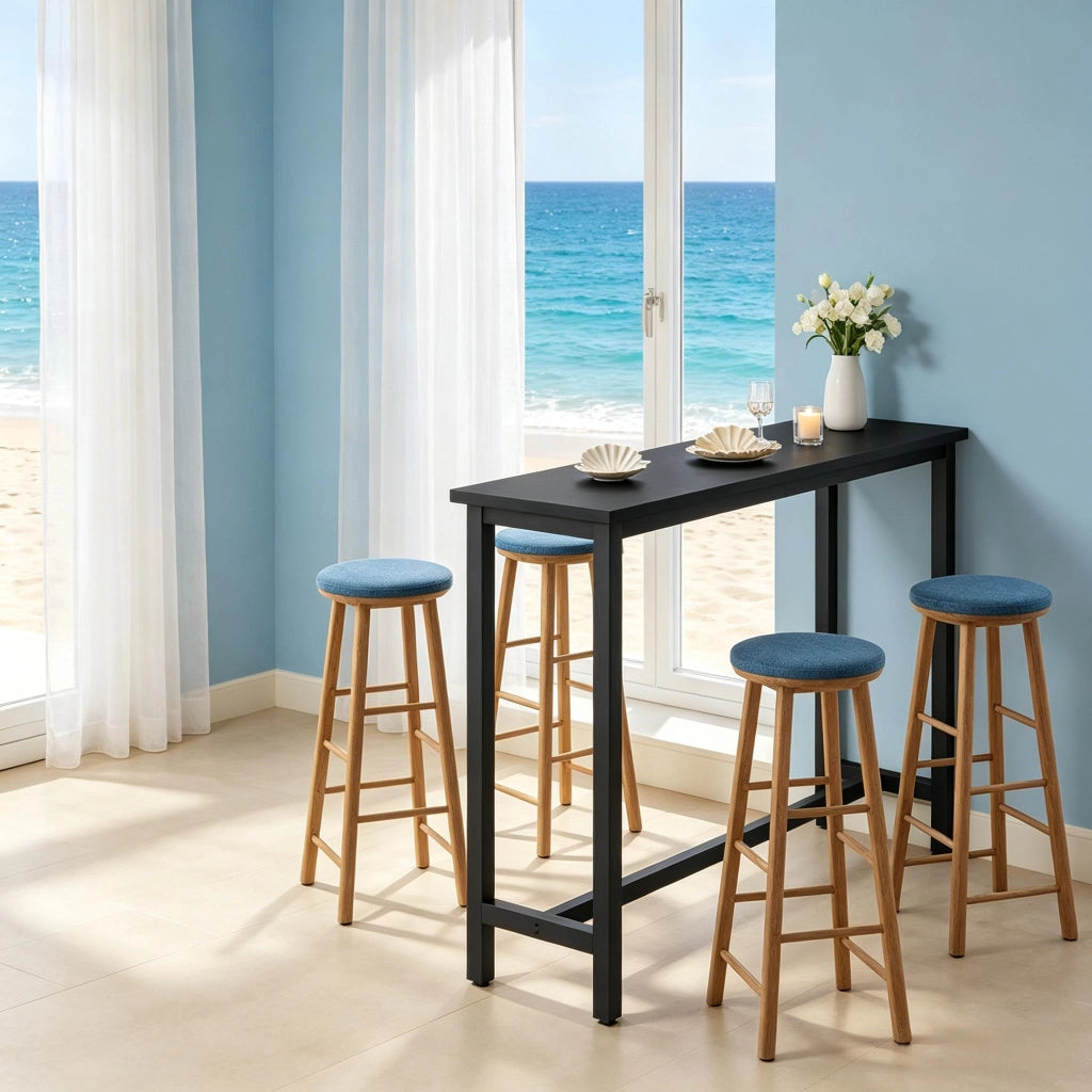 Tavolo da pranzo alto con struttura in metallo e piano in MDF, piedini regolabili, per cucina e bar, nero, 140 × 100 × 40 cm