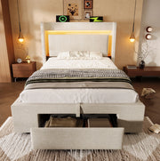 Letto imbottito 90x200 cm beige in lino con contenitore; testiera con USB e LED