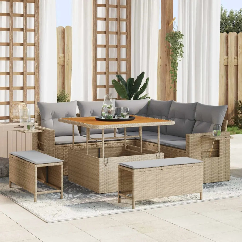 Set Divano da Giardino 9 pcs Beige e Grigio Chiaro polyrattan