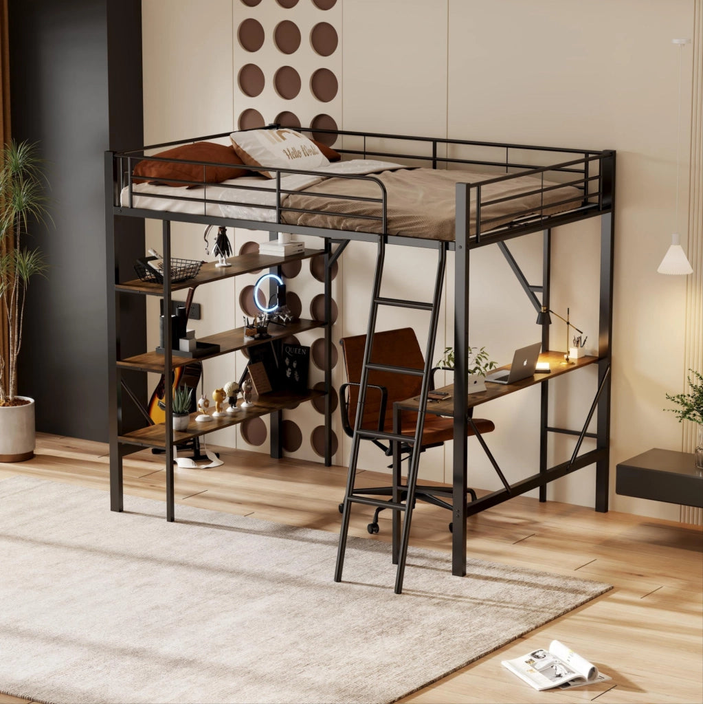 Letto a soppalco 90x200 cm nero con scrivania e 3 ripiani