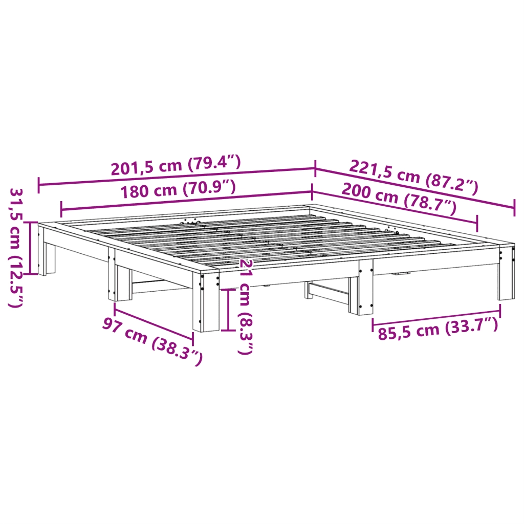 Letto senza Materasso Marrone Cera 180x200 cm in Legno di Pino 3308731