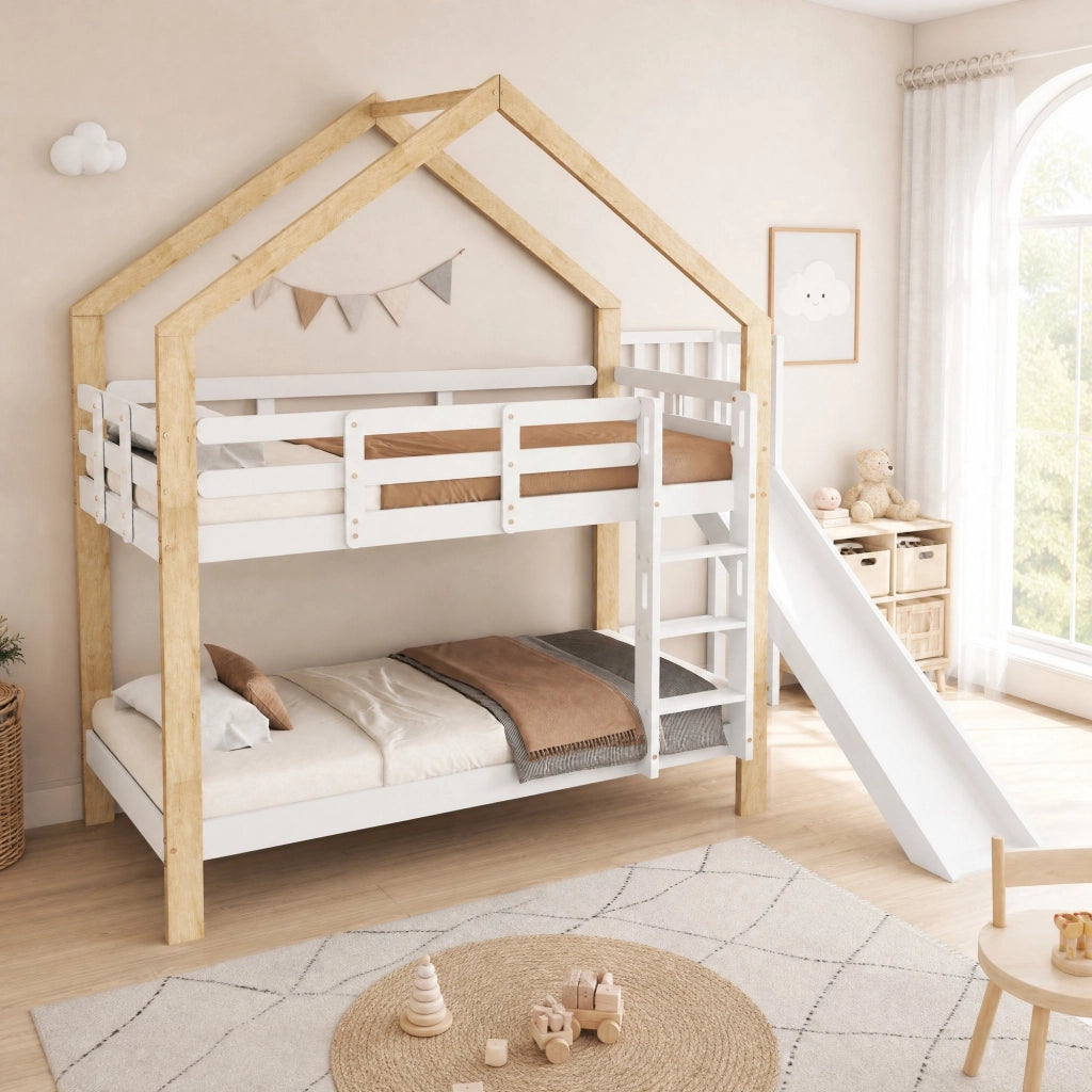 Letto a castello per bambini a casetta con scivolo 90x200 cm