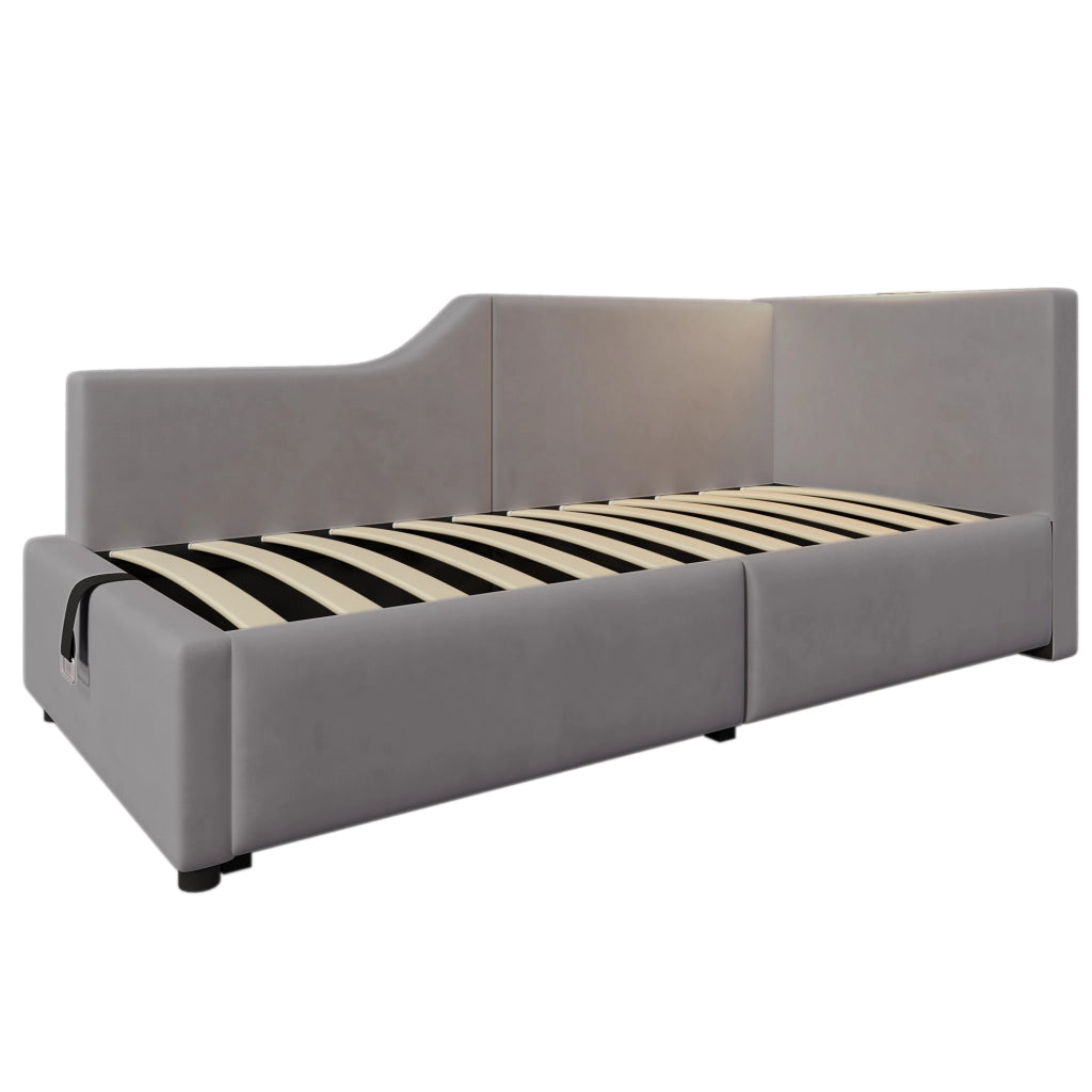 Letto a giorno imbottito 90x200 cm in velluto grigio con contenitore; lampada da lettura e USB-C
