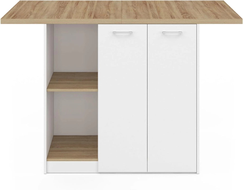 IDMarket - BAO 140 cm 4 persone isola centrale in legno bianco con piano di lavoro effetto faggio