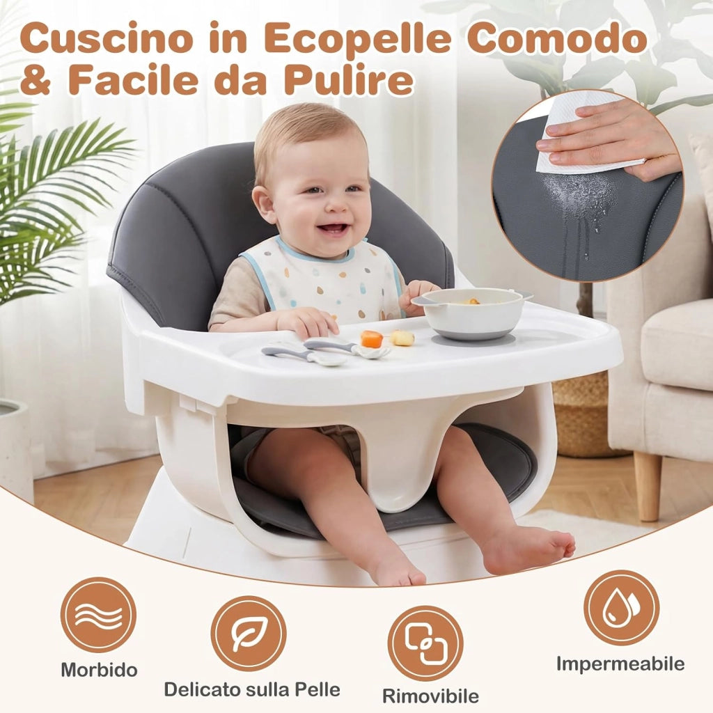 Seggiolone Pappa per Neonati, Vassoio Regolabile | Seggiolone Evolutivo Convertibile con Cuscino Rimovibile, Cintura di Sicurezza a 5 Punti, in Legno con per Bambini 6-36 Mesi