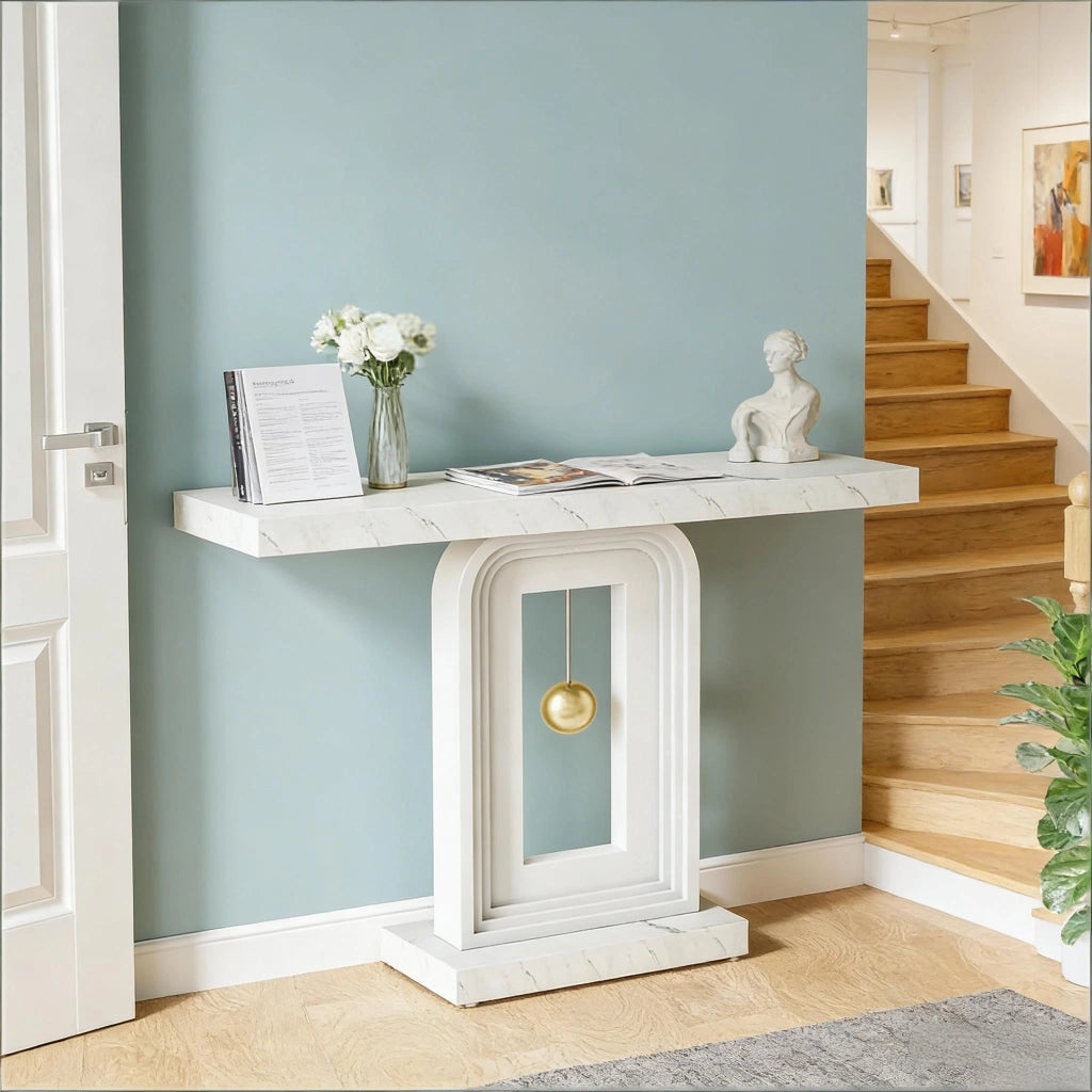 Consolle con base geometrica, piano in marmo bianco e MDF, per ingresso e soggiorno, bianca 100 cm