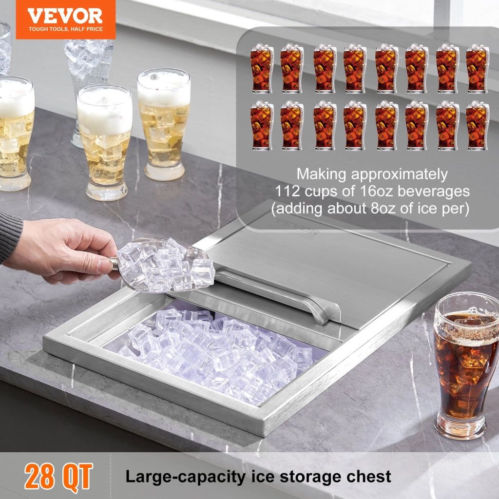 Vaschetta per Ghiaccio da Incasso in Acciaio Inox 26,7L Ghiacciaia Drop-in con Coperchio Isolamento 24 Ore per Bar e Feste FG-SKU10 456x304x371 mm