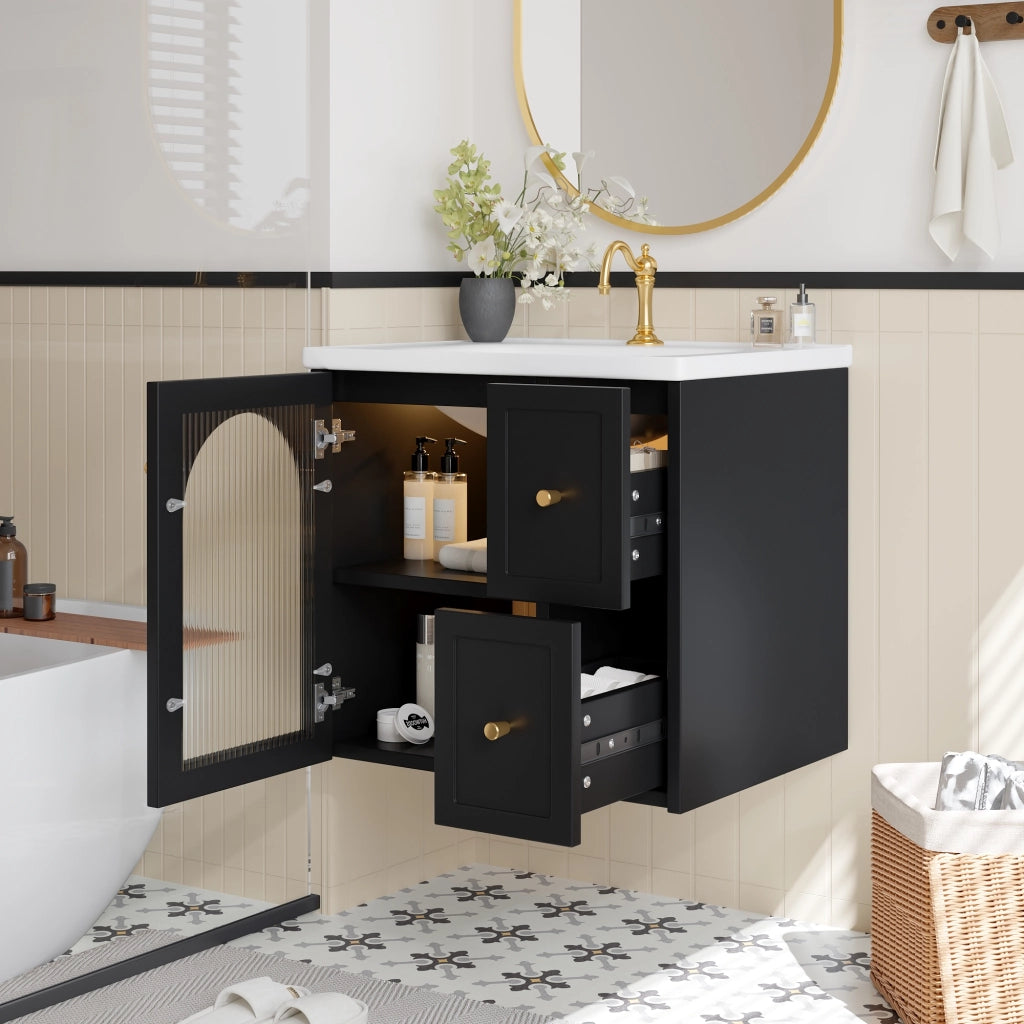 Mobile sottolavabo da bagno a parete con lavabo in ceramica LED anta in vetro rigato e chiusura soft close nero