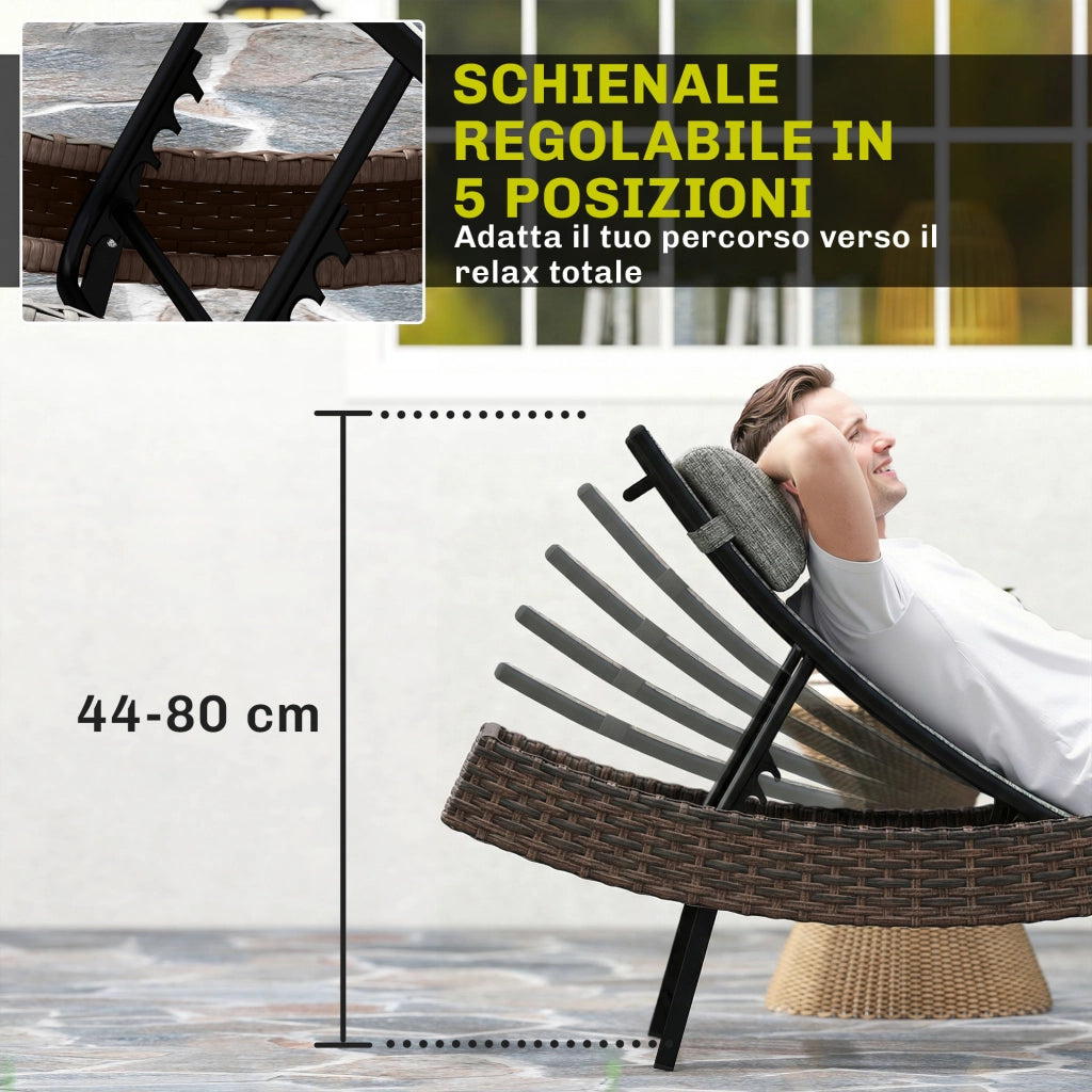 Lettino Prendisole da Giardino in Rattan Forma S con Cuscino a 5 Posizioni, 60x198x44cm, Marrone