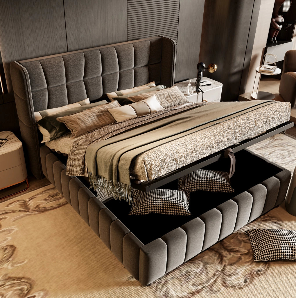 Letto contenitore imbottito 180x200 cm con rete a doghe e testiera grigio