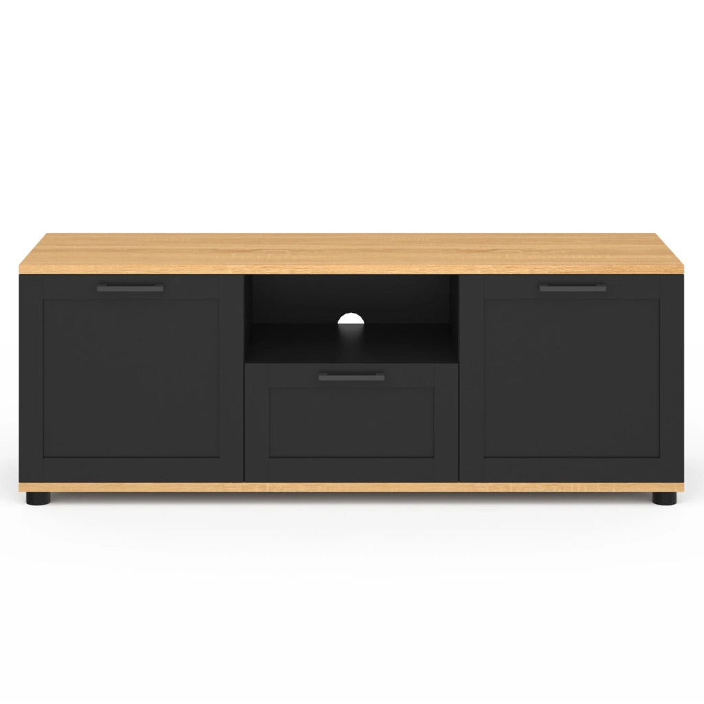 IDMarket - Mueble TV VITO con cajón y hornacina negros y tapa de madera de 110 cm