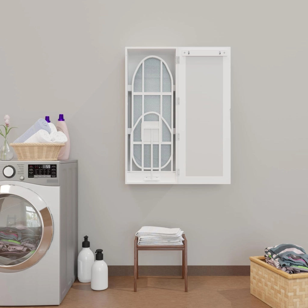 Armadio da stiro da parete con specchio e vani portaoggetti, MDF bianco, 103x43,5x27 cm