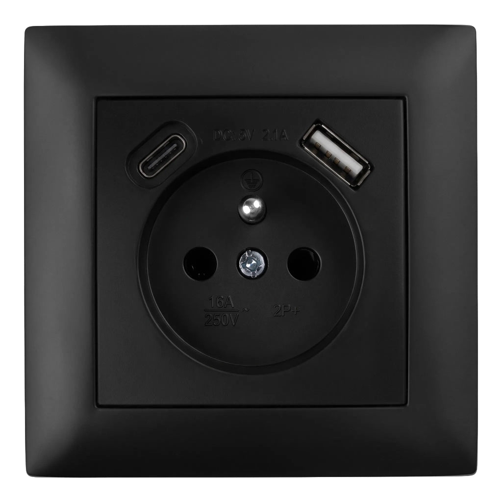 Presa Singola Con Messa A Terra + Usb-a Usb-c Oste Jnh004-g Black