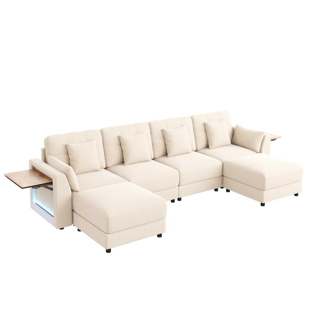 DIVANO Modulare U/L 292x135x82 cm Chenille Beige con 2 Hocker