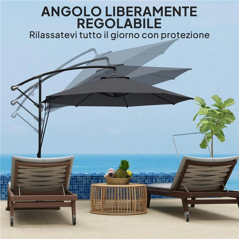 OMBRELLONE DA GIARDINO ROTONDO INCLINABILE E GIREVOLE MANOVELLA E PROTEZIONE UPF 50+ Ø 3 M GRIGIO SCURO
