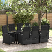 Set da Pranzo da Giardino 9 Pezzi con Cuscini Nero in Rattan Poliestere