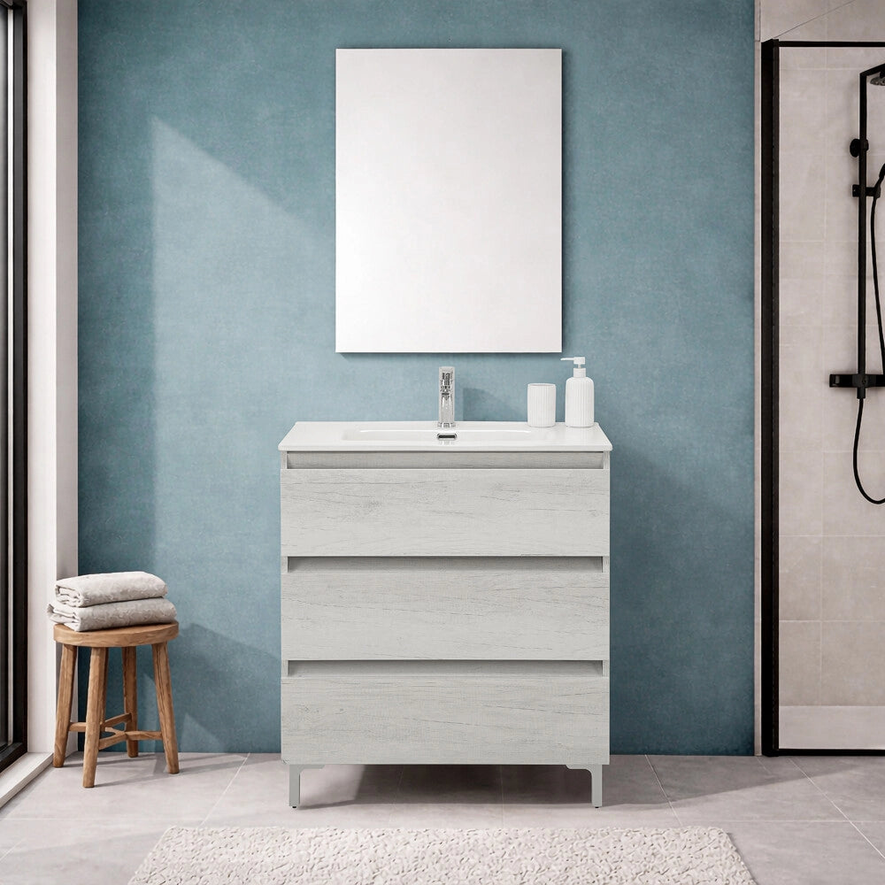 Mobile bagno a terra 80 cm in quercia bianca con lavabo e specchio Leda