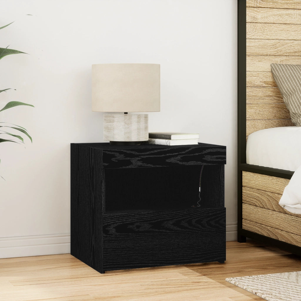 Comodino  con luci LED Rovere Nero 50x40x45 cm