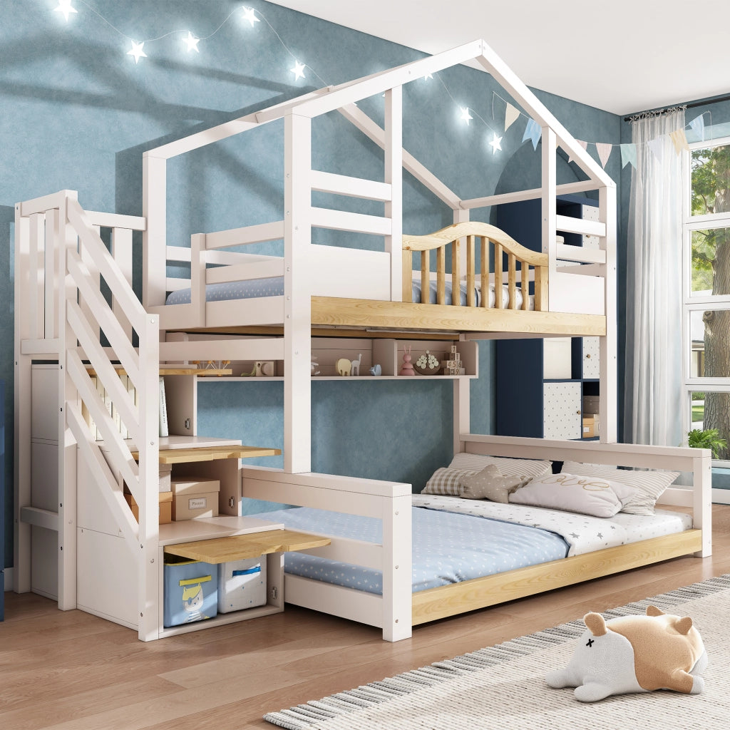 Letto a Castello 90x200 cm e 140x200 cm - Scala Contenitore e Mensole - Bianco
