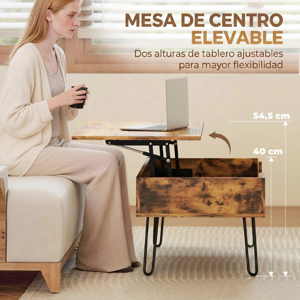 Tavolino da caff¨¨ con piano elevabile ¨C Xylo ¨C legno marrone rustico gambe acciaio 95x50x40 cm