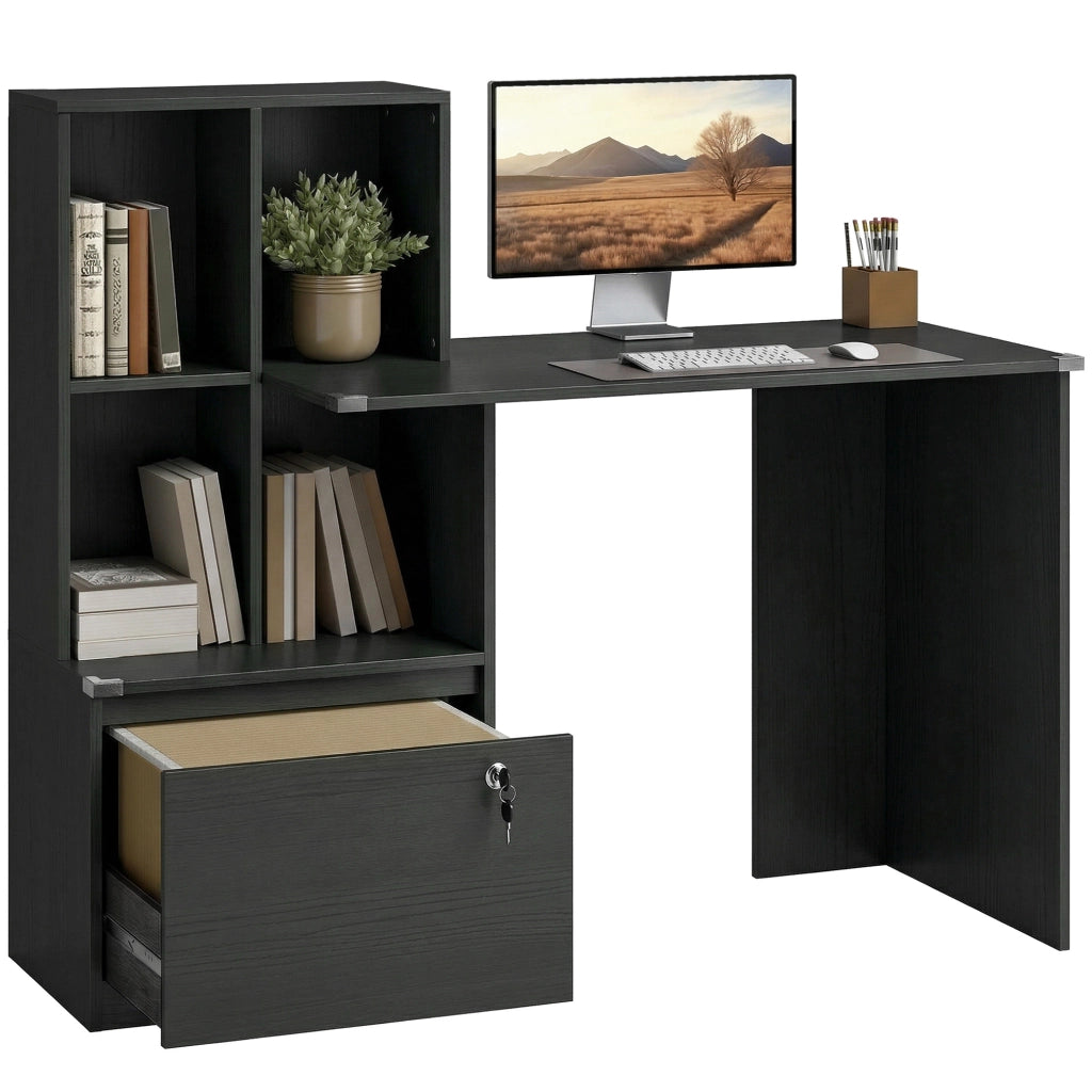 Scrivania con libreria e cassetto bloccabile ¨C Zephmum ¨C Nero, legno, 126x50x109 cm