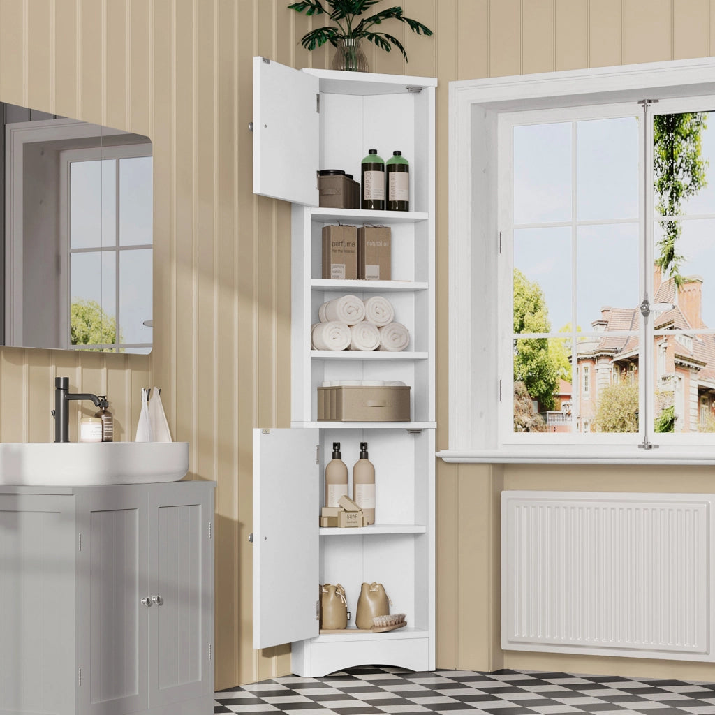 Armadietto Bagno Triangolare ¨C MINIMAL ¨C Bianco, 3 Ripiani, Ante, Salvaspazio, 36.5x24.5x170