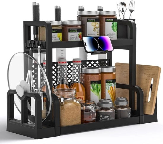 Organizzatore a due piani per la zona sotto il lavandino, organizzazione bagno e cucina con ganci, piatti appesi, ripiano multifunzionale per la cucina in casa