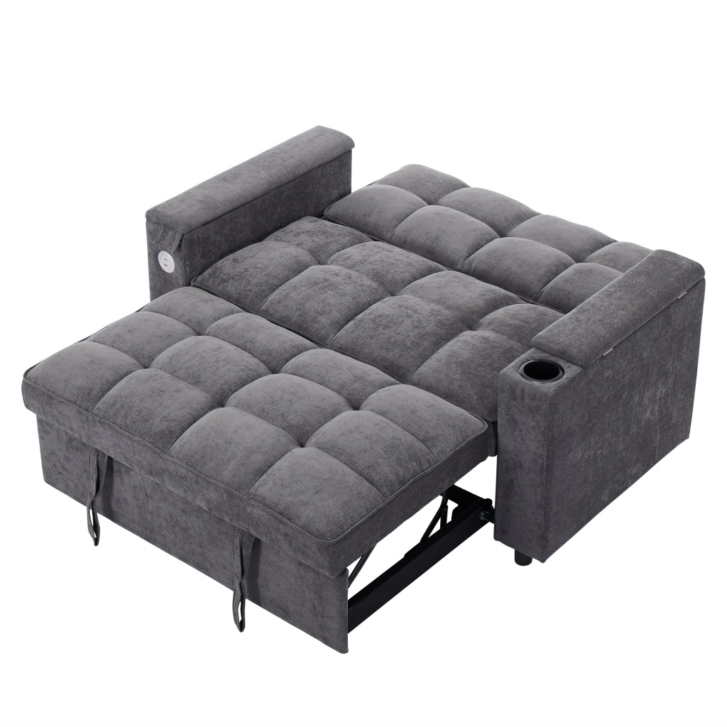 Divano letto 3 in 1 con schienale regolabile, porte USB e tipo C, portabicchieri e tavolino nascosto in tessuto grigio
