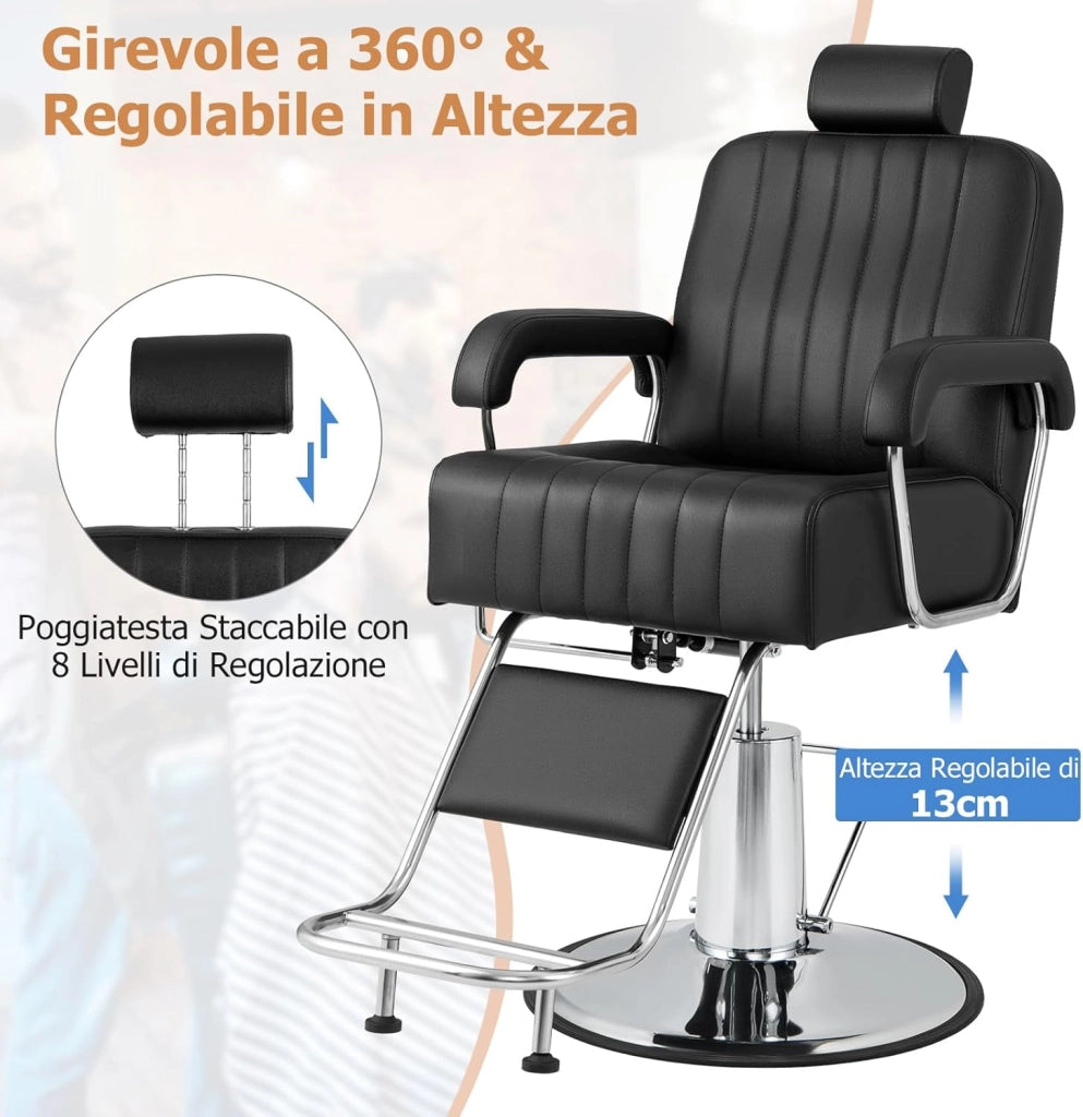 Poltrona da Parrucchiere, con Poggiatesta Regolabile e Schienale Reclinabile, Poltrona da Barbiere con Altezza Regolabile, Girevole a 360°, per Saloni di Bellezza, Parrucchiere