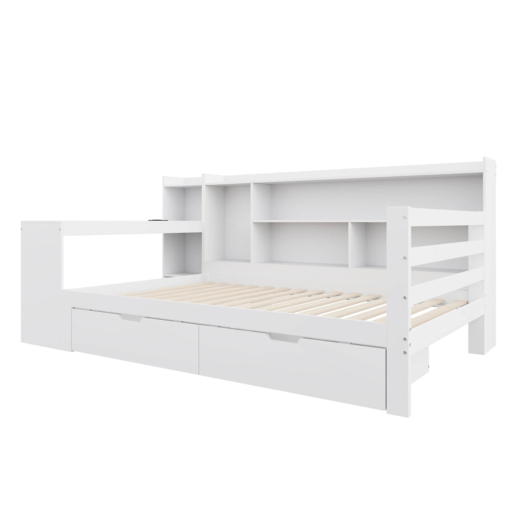 Letto a Divanetto 90 x 200 cm; con Scrivania; Mensole; Cassetti e Presa in Legno Bianco