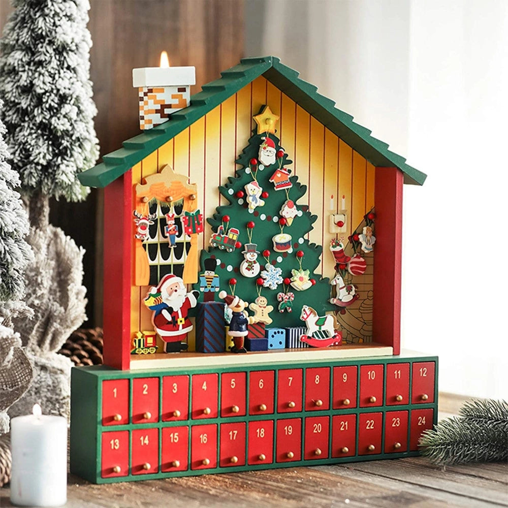Trade Shop - Calendario Avvento Casetta Di Babbo Natale Legno Cassetti Decorazioni Natalizie -