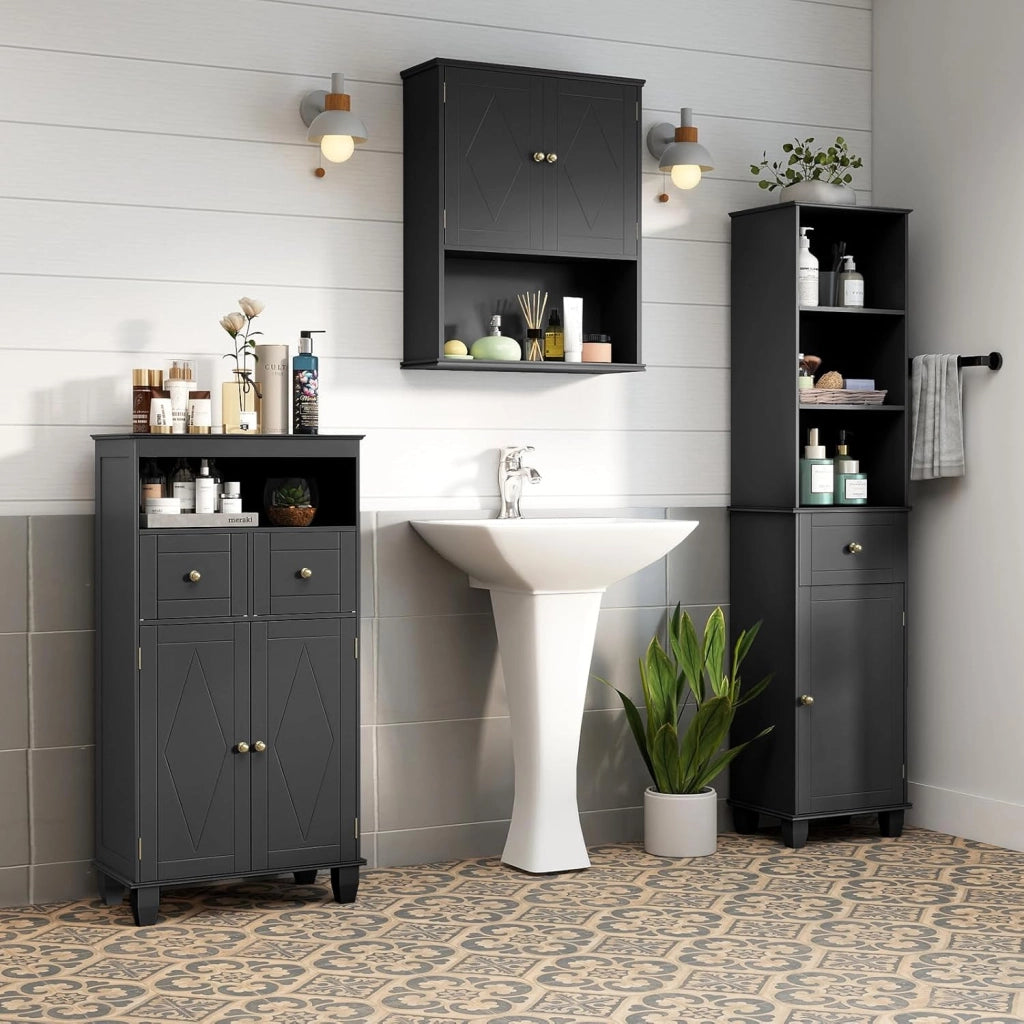 Armadietto da bagno da 108 cm, autoportante con 2 cassetti, ripiano regolabile e ripiano aperto, 56 x 30 cm, per lavanderia e ingresso (nero)